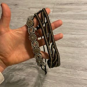 Two beaded head bands - one silver/gold, one black/gold